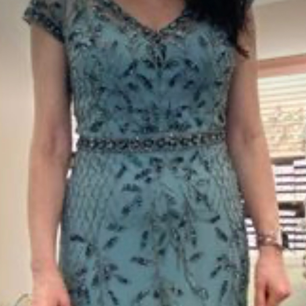 OLEG CASSINI - v-neck beaded sheath dress with illusion sleeves